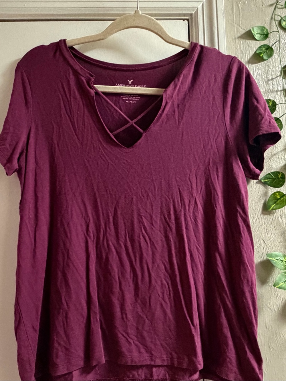 American Eagle Outfitters Short-Sleeve Crisscross V-Neck Tee in Wine